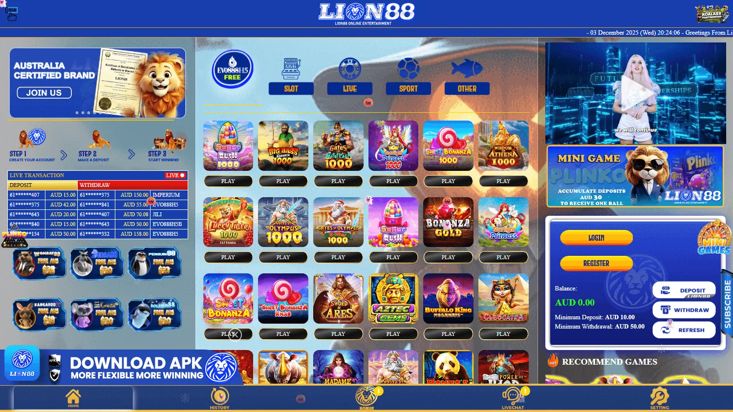 Lion88 Casino desktop home with AUD casino, live game and sports betting options